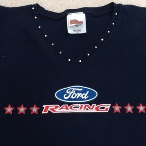 Ford Racing Women’ T-Shirt by Racing Champions Women's with Jeweled V-Neck XL